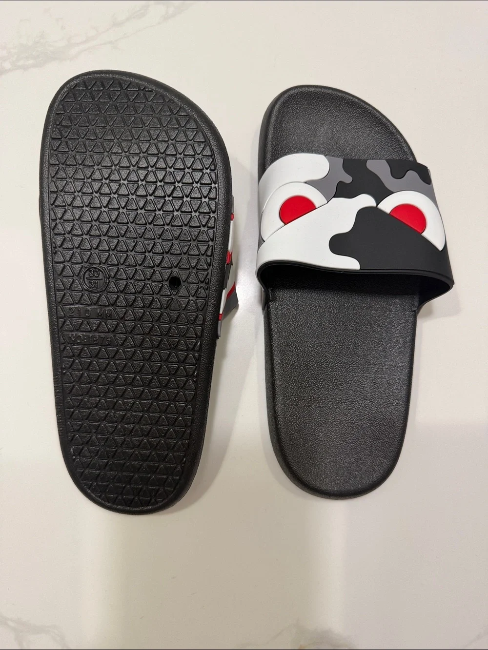 Kids Black Camouflage Slide Sandals with Red Detail